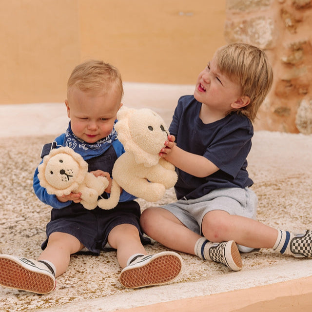Two toddler boys sitting and holding plush lion toys.