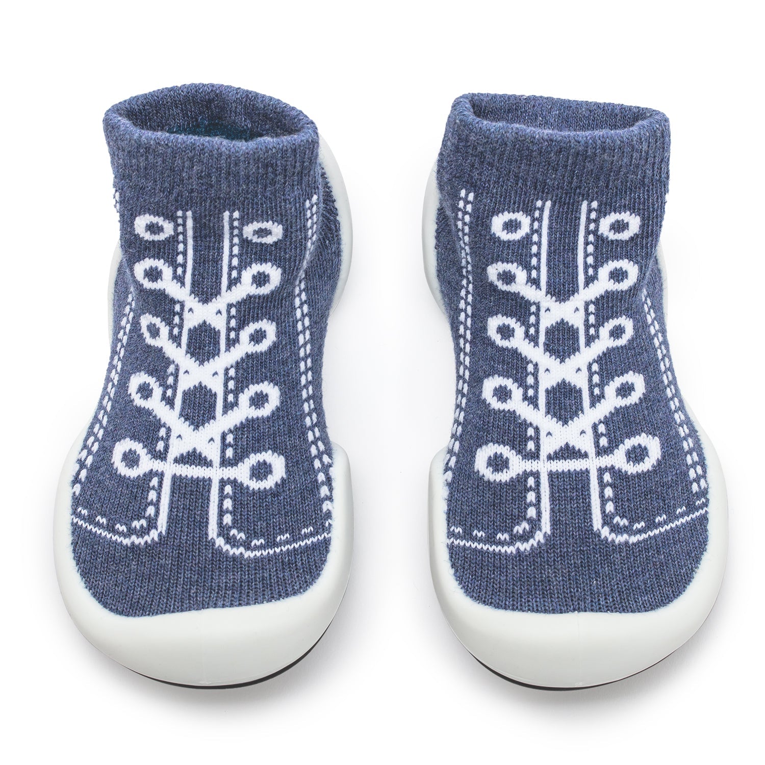 Pair of blue knitted sock shoes with white soles and lace pattern.