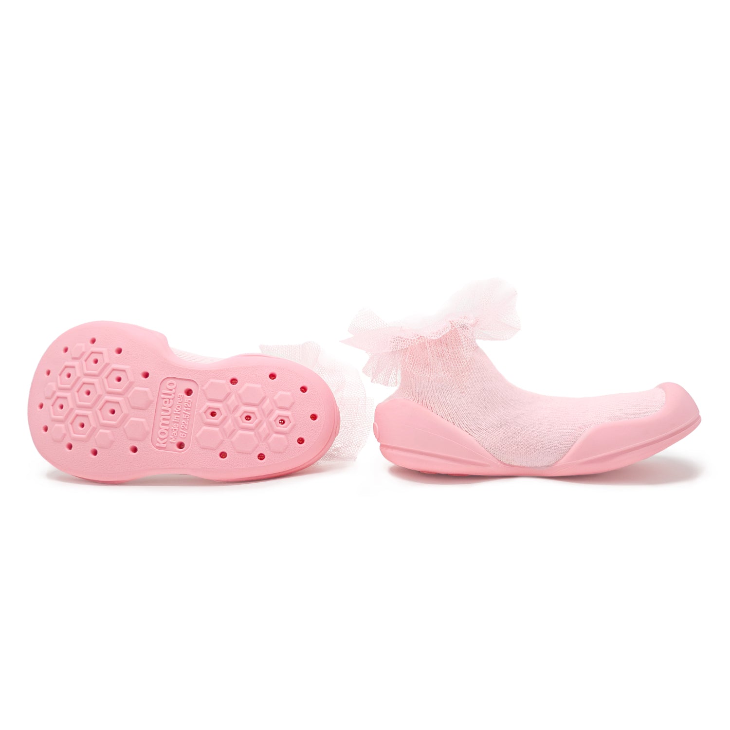 Pair of pink baby sock shoes with ruffled ankles.