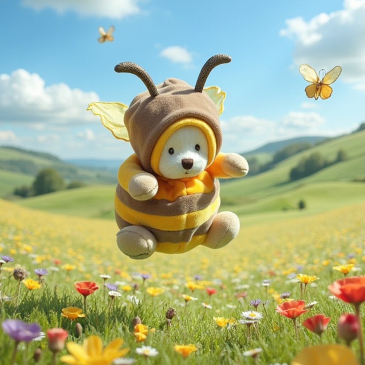 Plush toy bear in a bee costume flying over a field of flowers with a scenic background