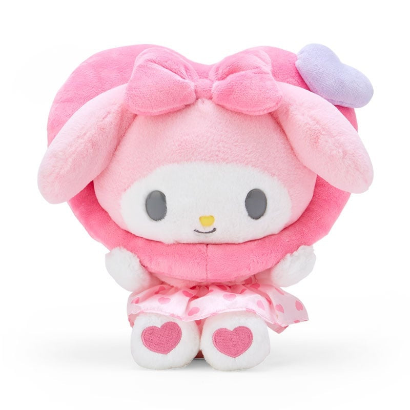 Pink and white My Melody plush toy with a heart-shaped hood and pink dress with hearts.