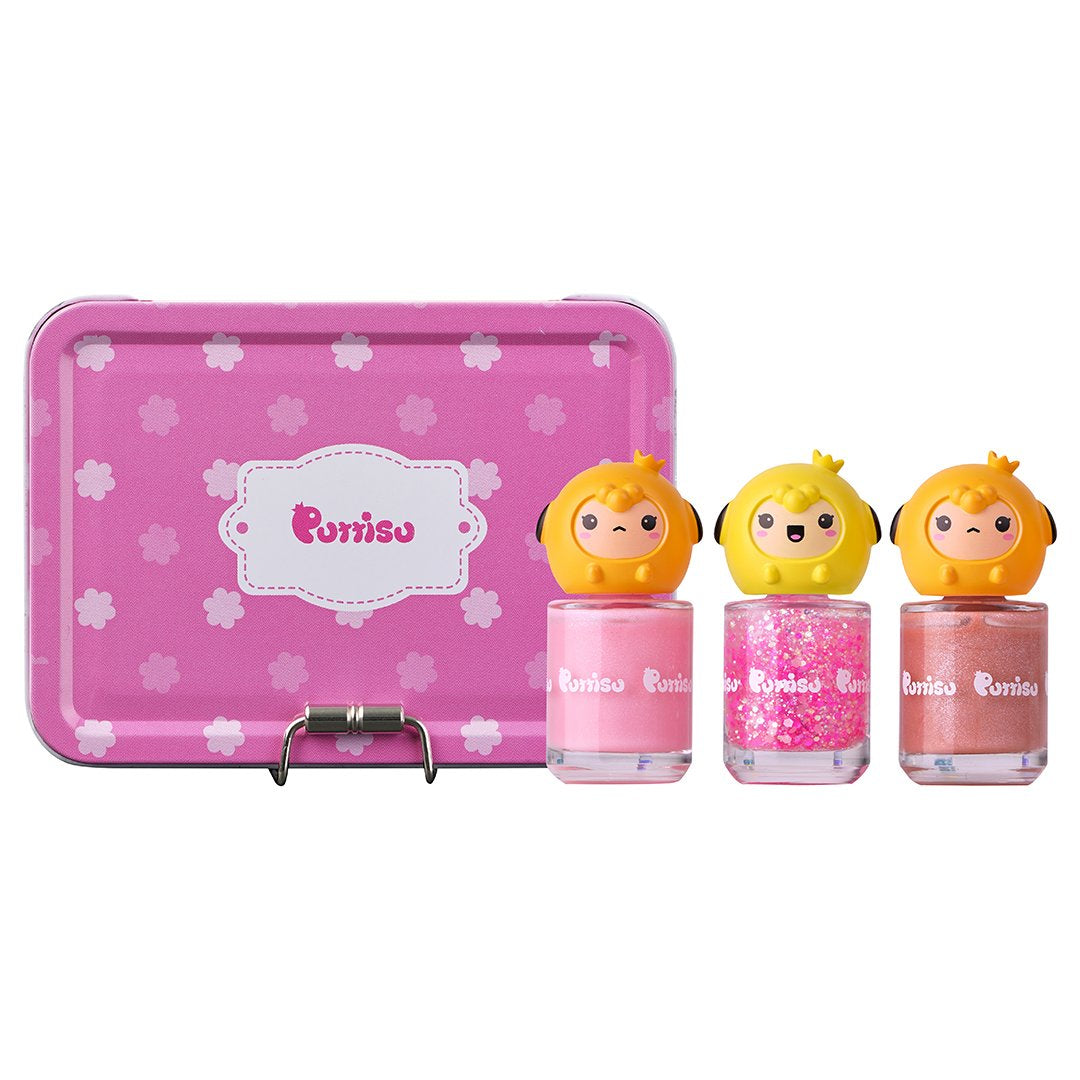 Product shot of Puniso nail polish set with pink case and three nail polish bottles with character-shaped toppers.
