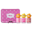 Product shot of Puniso nail polish set with pink case and three nail polish bottles with character-shaped toppers.