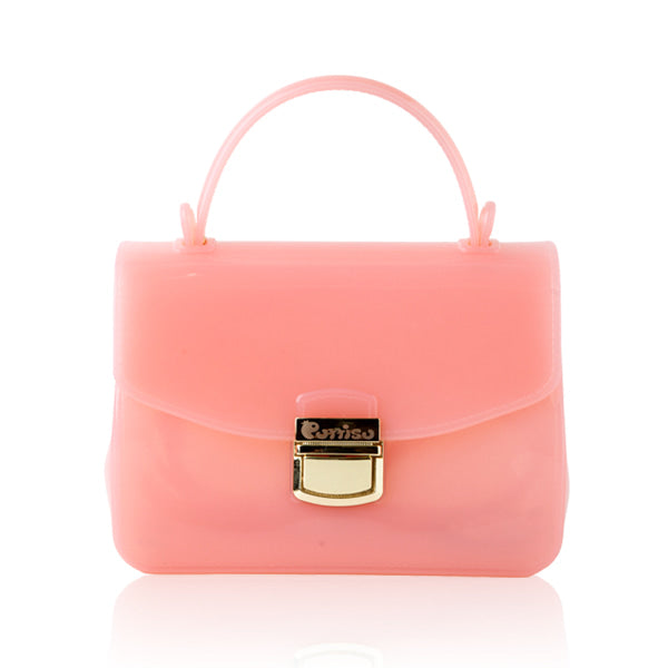 A pink, translucent purse with a gold clasp and handle.