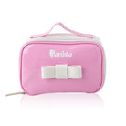 Pink and white cosmetic bag with bow.