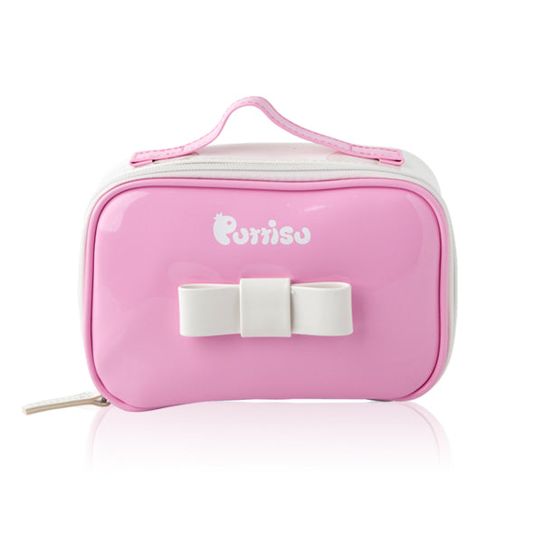 Pink and white cosmetic bag with bow.
