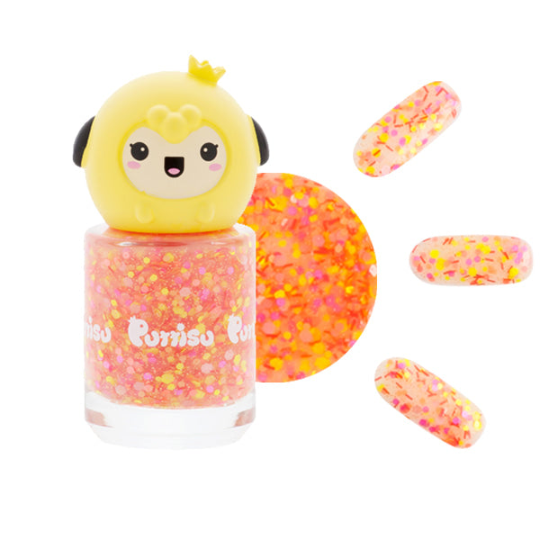 Bottle of pink and yellow glitter nail polish with a yellow cartoon animal cap.