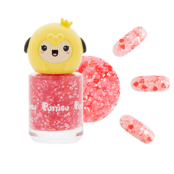 Close-up product shot of a "Purrisu" brand nail polish bottle with a yellow cartoon chick head topper, alongside three fake nails coated in the pink, heart-speckled polish.