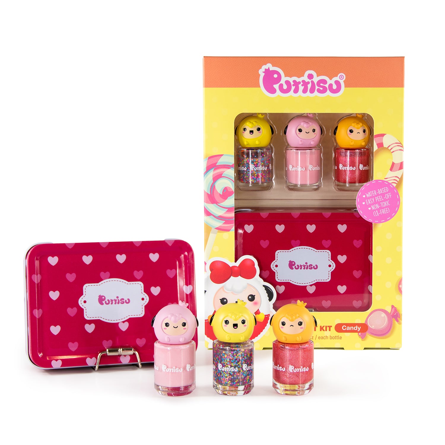 Purriso Candy nail polish kit with a pink metal box.