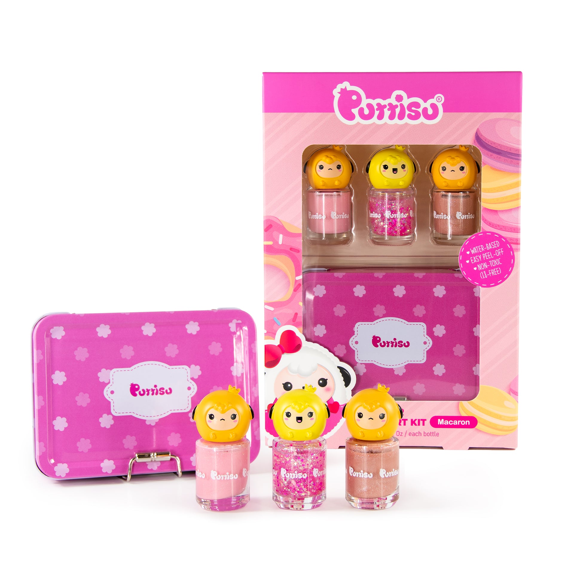 A pink and white children's nail polish kit that includes three bottles of water-based, easy peel-off, and non-toxic nail polish, each with a small toy on top, and a tin storage box.