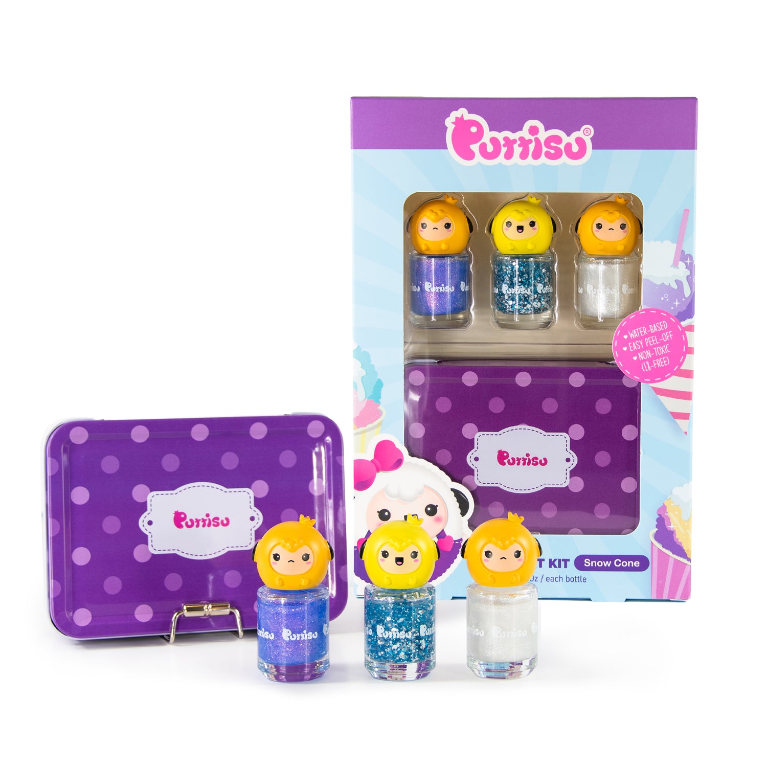 Three bottles of colorful, glittery nail polish with character caps and a polka-dot storage tin displayed alongside a packaging box.