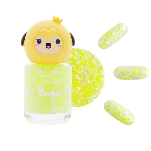 Nail polish bottle with cartoon character cap and three nail samples.