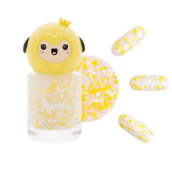 Nail polish bottle with a yellow chick-themed cap. Polish filled with yellow and white star-shaped glitter, shown with example applications.