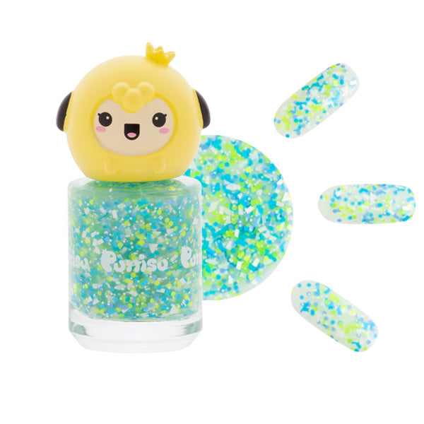 A bottle of turquoise nail polish with a yellow cartoon cap, three nail samples.