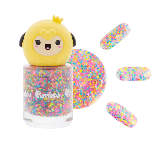 Close-up of a bottle of glitter nail polish with a yellow cartoon chick figurine as the cap.