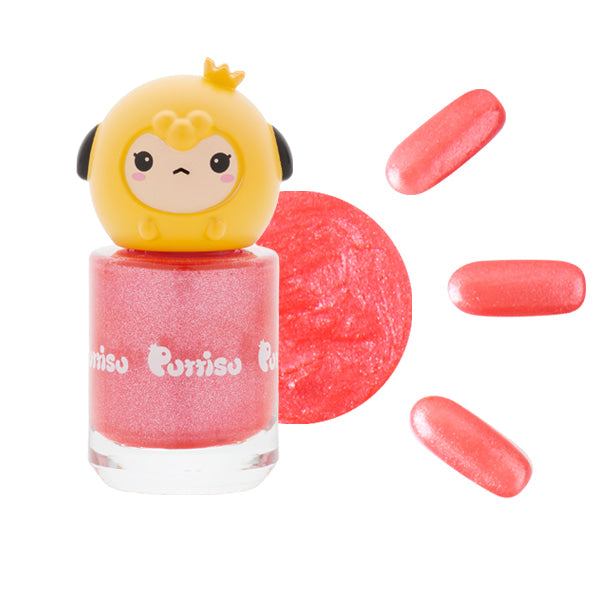 Bottle of pink Purrisu nail polish with a yellow cartoon character lid and three pink fingernail polish swatches on a white background.