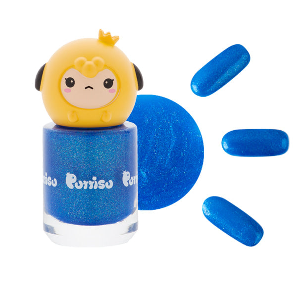 Blue glitter nail polish with cartoon character cap.