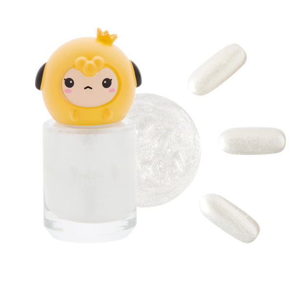 Nail polish bottle with yellow cartoon character topper and three pearl-colored capsules.