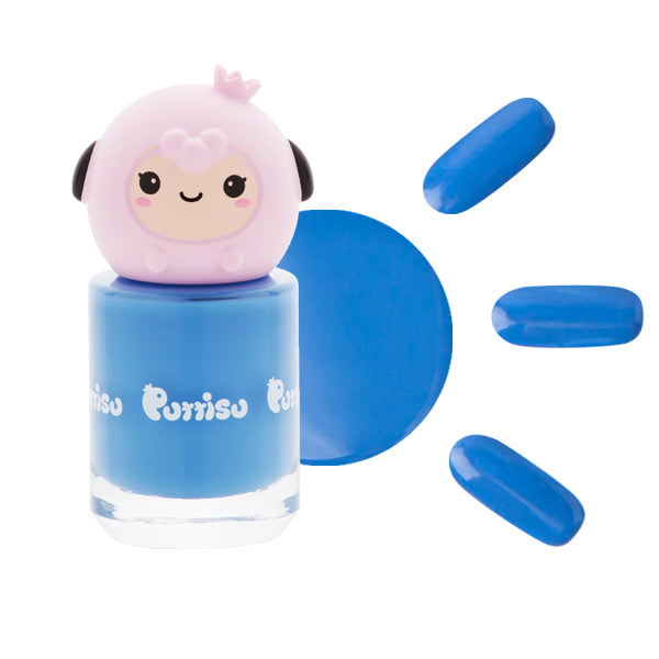 Blue nail polish with a pink sheep-shaped cap.