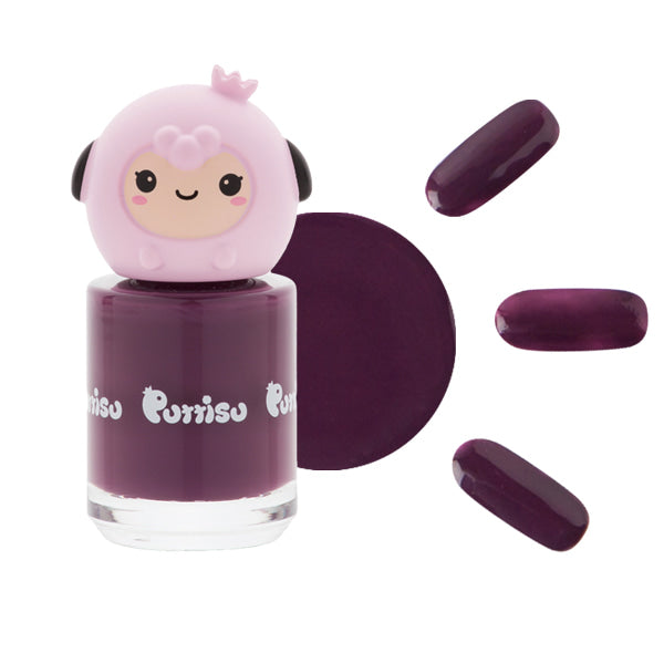 Purple nail polish bottle with a pink, cartoon sheep topper. Three purple painted nail samples surround the bottle.