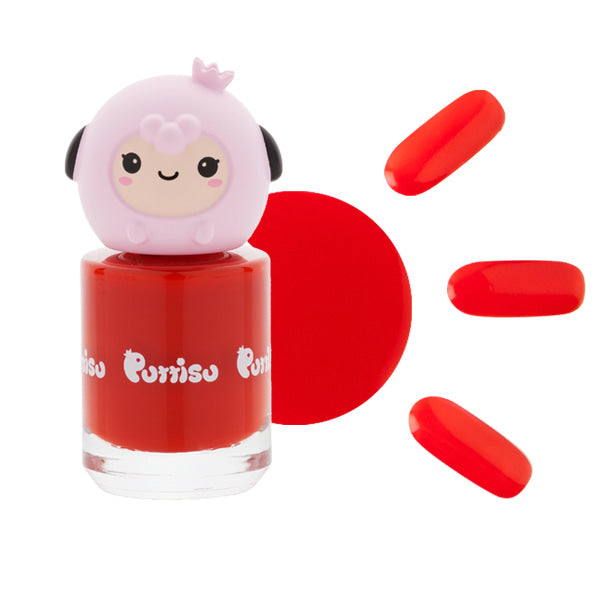 Red nail polish in a container with a cartoon sheep on top. Three artificial nails and a swatch are to the right.