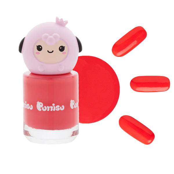 Red nail polish with pink sheep-shaped cap.