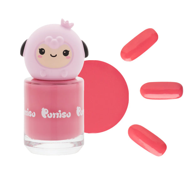 Pink nail polish with a sheep-shaped lid, surrounded by nail polish drops.