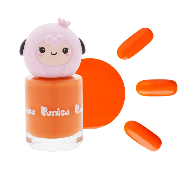 Orange nail polish bottle with pink sheep-shaped lid, round orange pool, and three orange nail swatches.