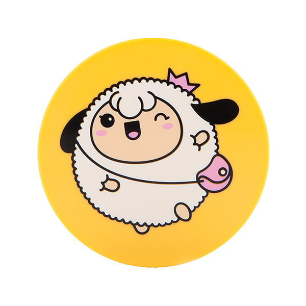 Yellow circular container with lamb cartoon on it.