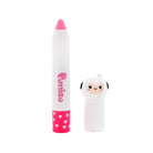 A white and pink crayon-like product with a sheep-shaped lid.