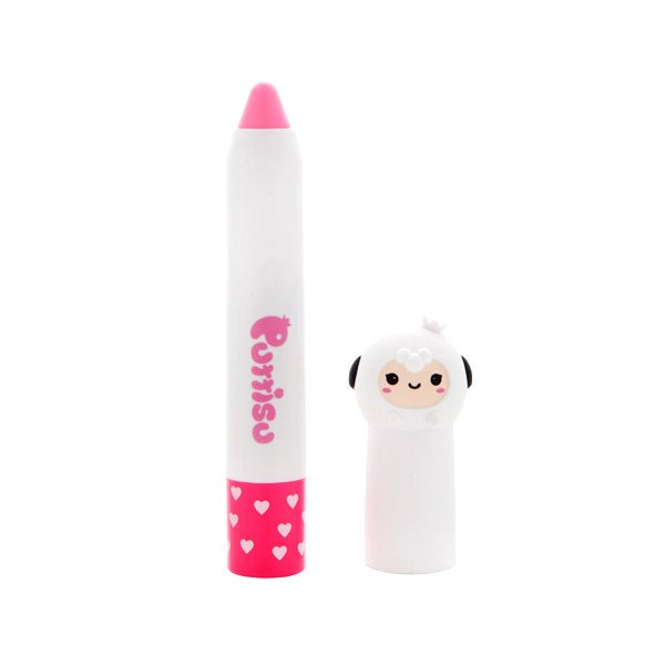 A white and pink crayon-like product with a sheep-shaped lid.