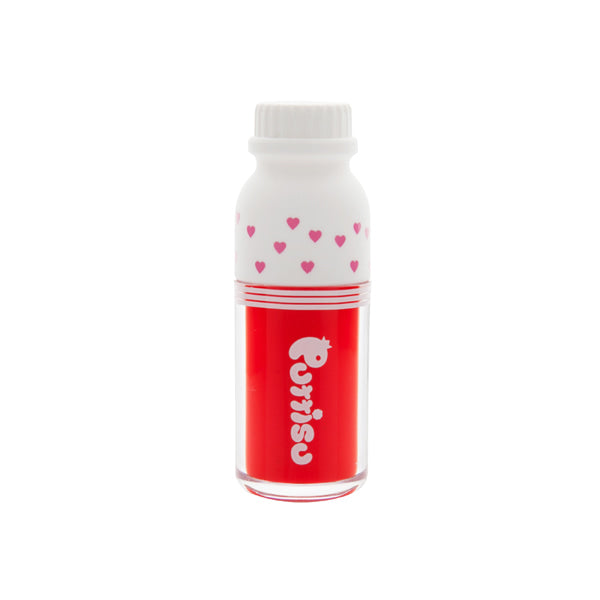 Red and white lip gloss bottle with hearts.
