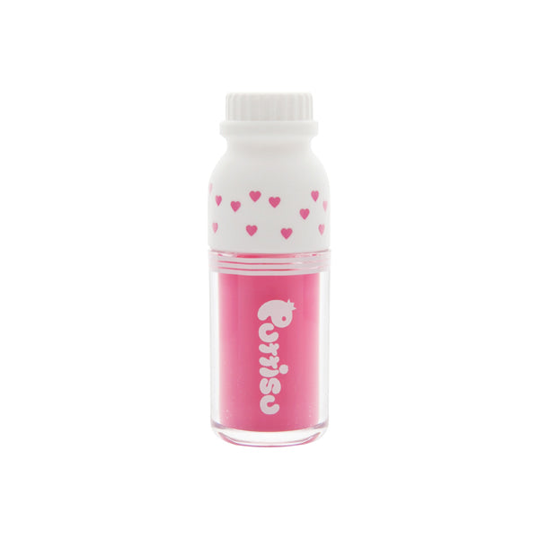 Small bottle of pink Purito lip balm with white lid and heart pattern.