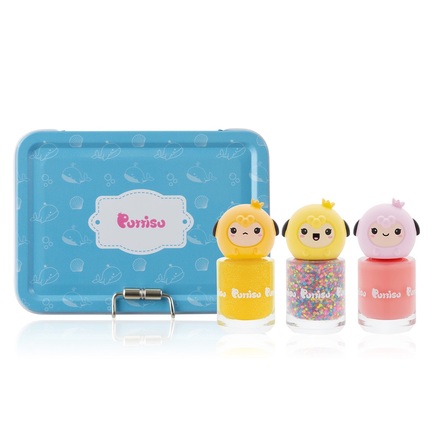 A light blue carrying case with whale and shell designs rests next to three bottles of nail polish with cute animal faces on the caps.