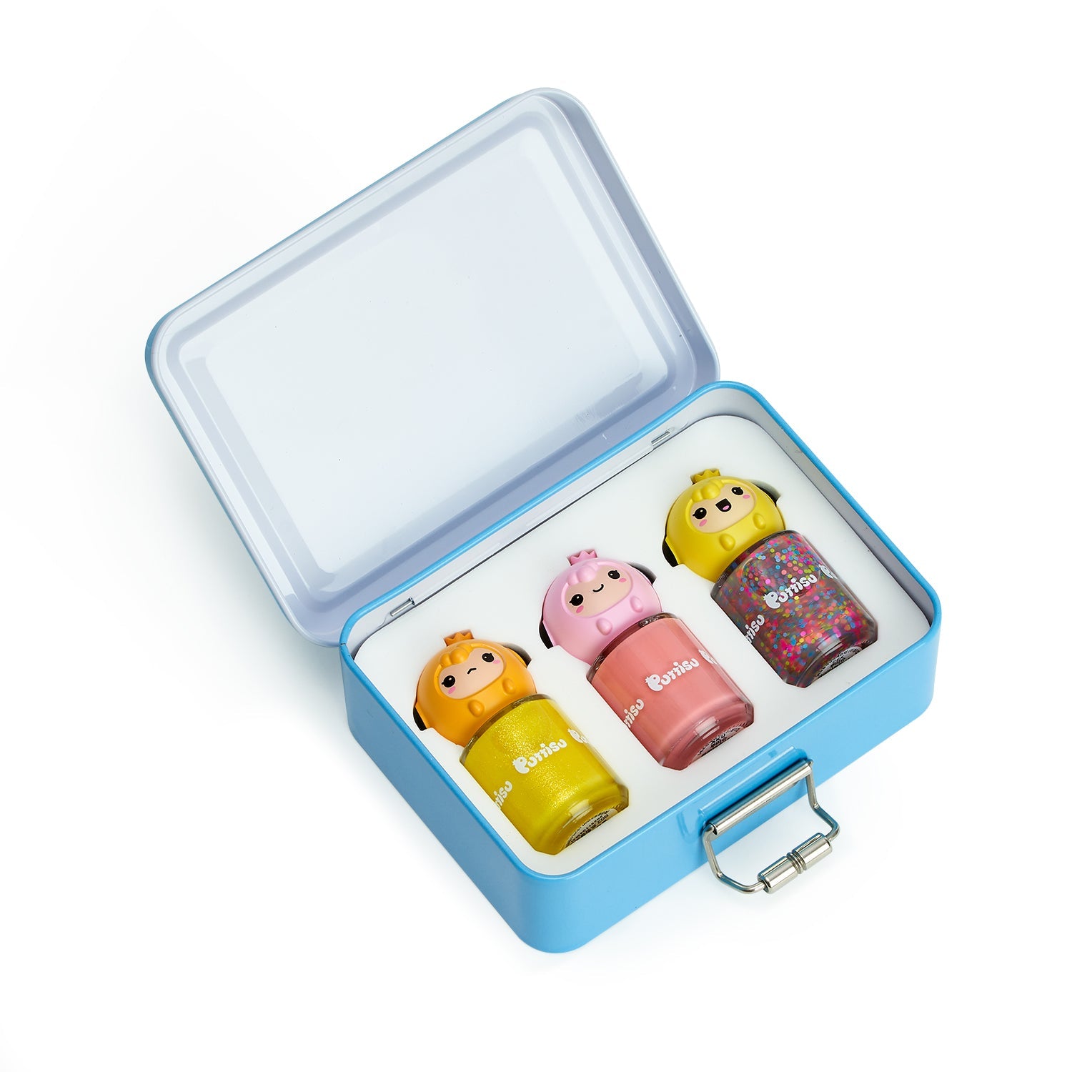Open, light blue tin box with three bottles of Boniso Boniso nail polish featuring character-shaped lids.