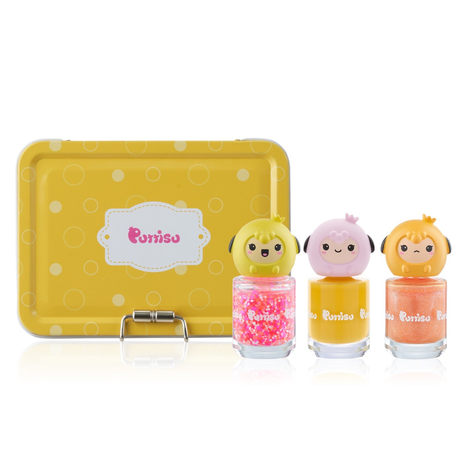 Three bottles of Purriso nail polish with sheep toppers and a yellow storage tin.