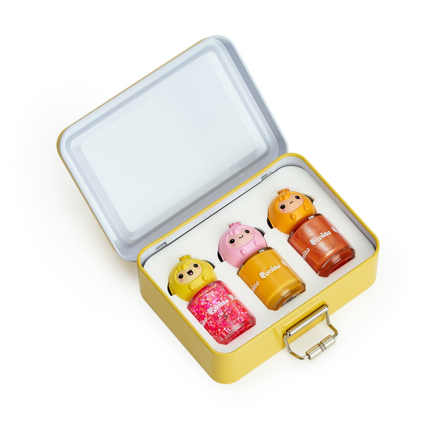 Open yellow tin box holding three bottles of Coritsu nail polish, each topped with a different character.