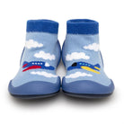 Two blue baby shoe-socks with airplanes and cloud patterns.