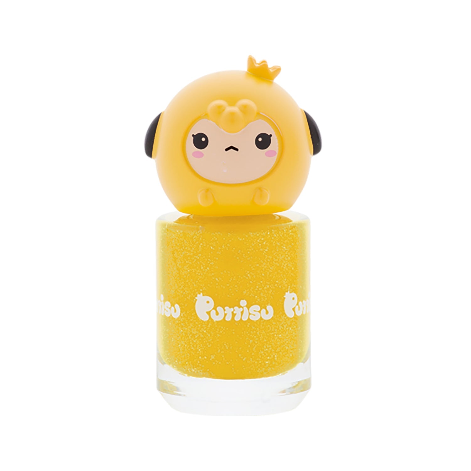 Yellow nail polish with a yellow cartoon chick cap.