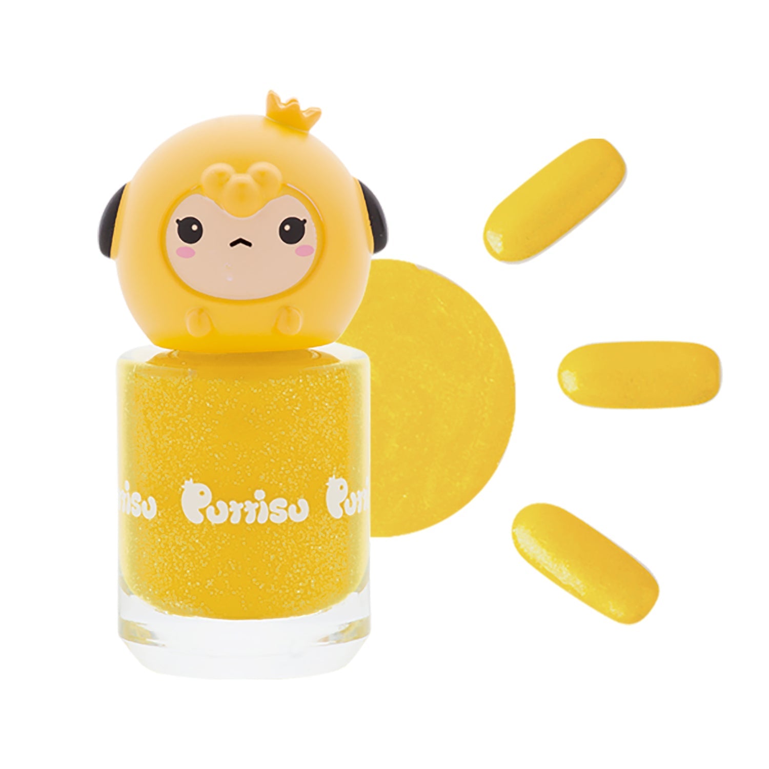 Yellow glitter nail polish with cartoon monkey cap.