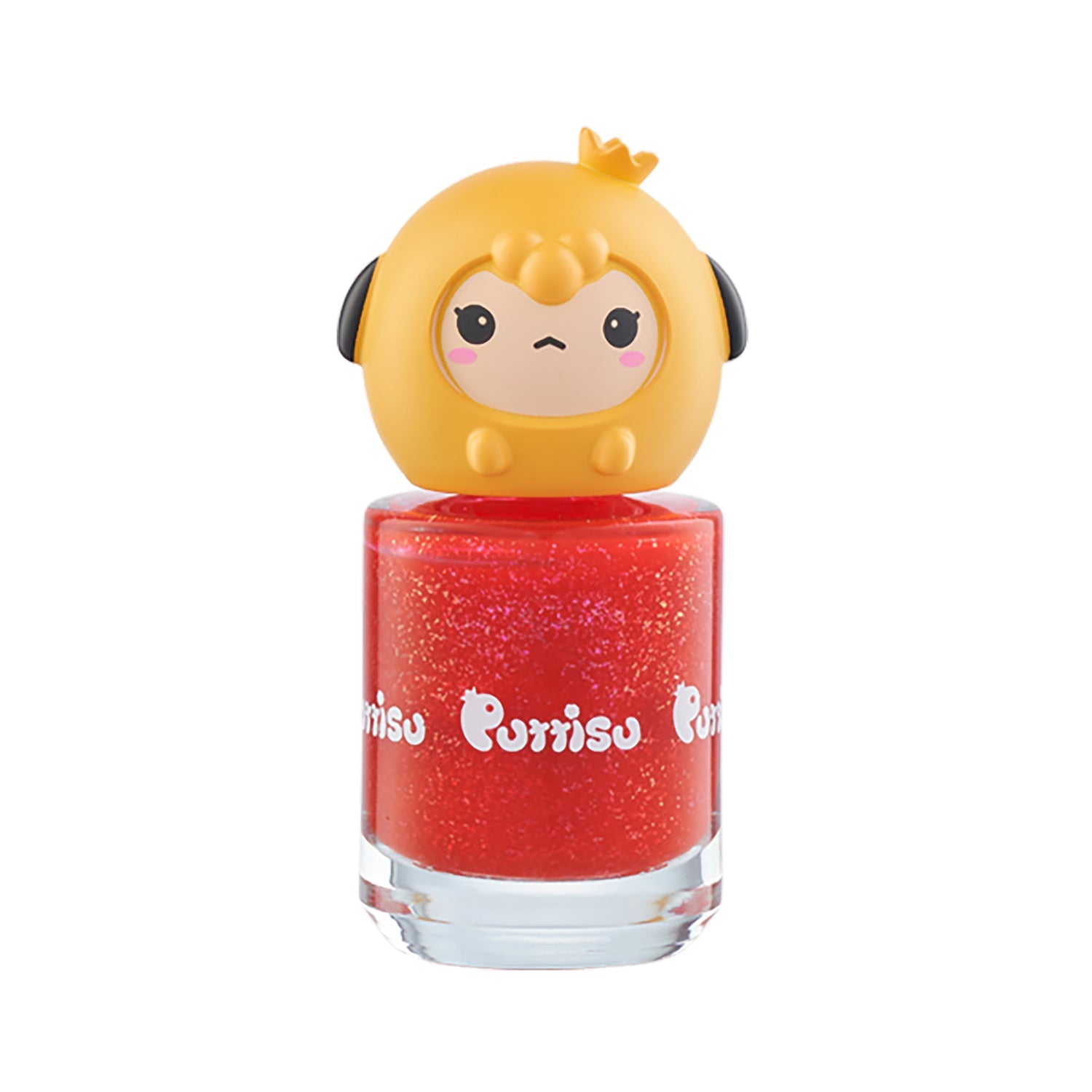Red glitter nail polish with yellow cartoon sheep topper.