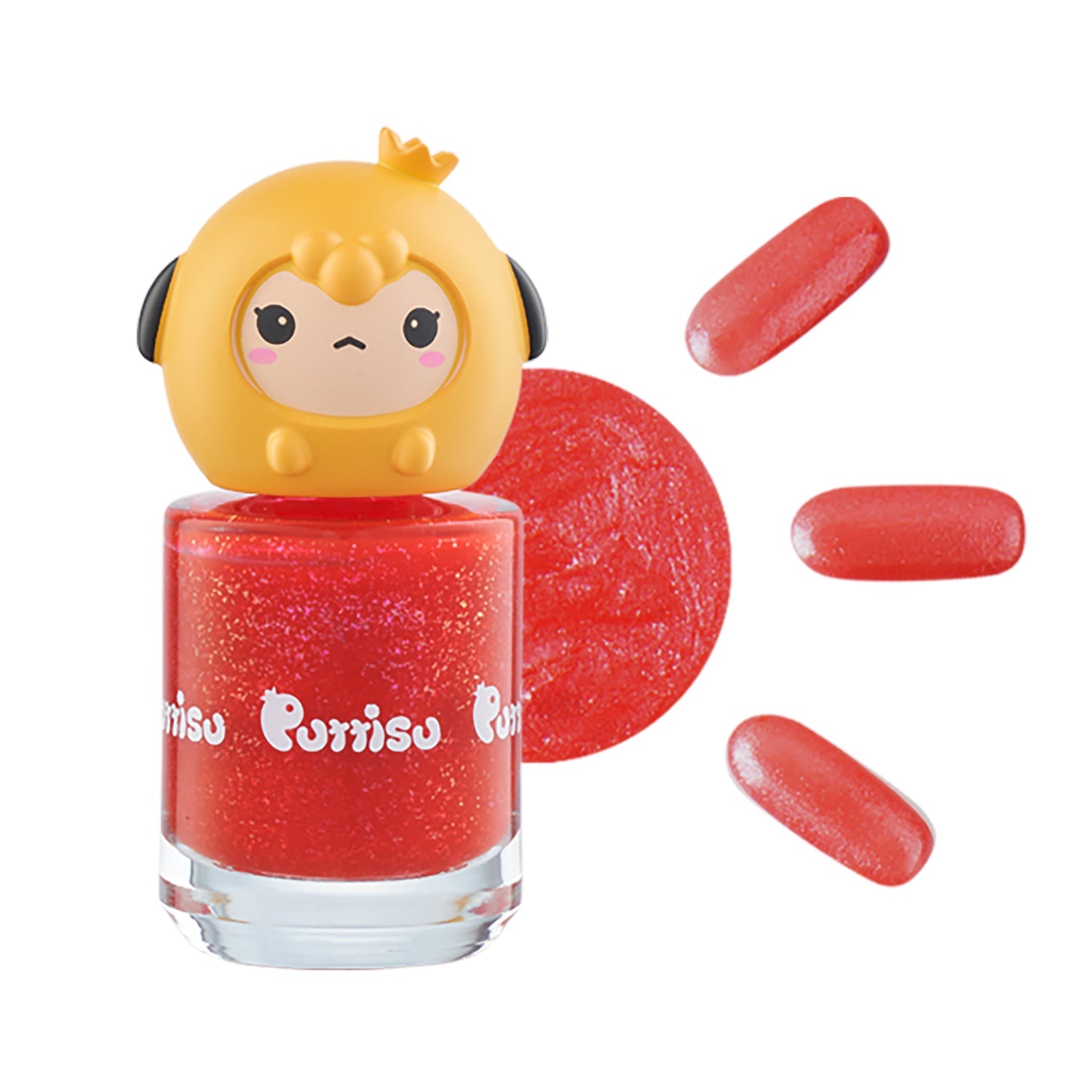 Red glitter nail polish with cartoon monkey cap.