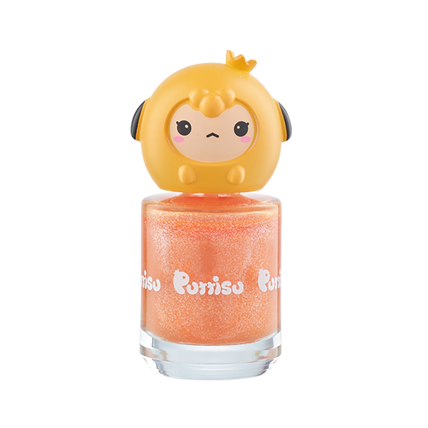Orange glitter nail polish with a yellow cartoon character cap.