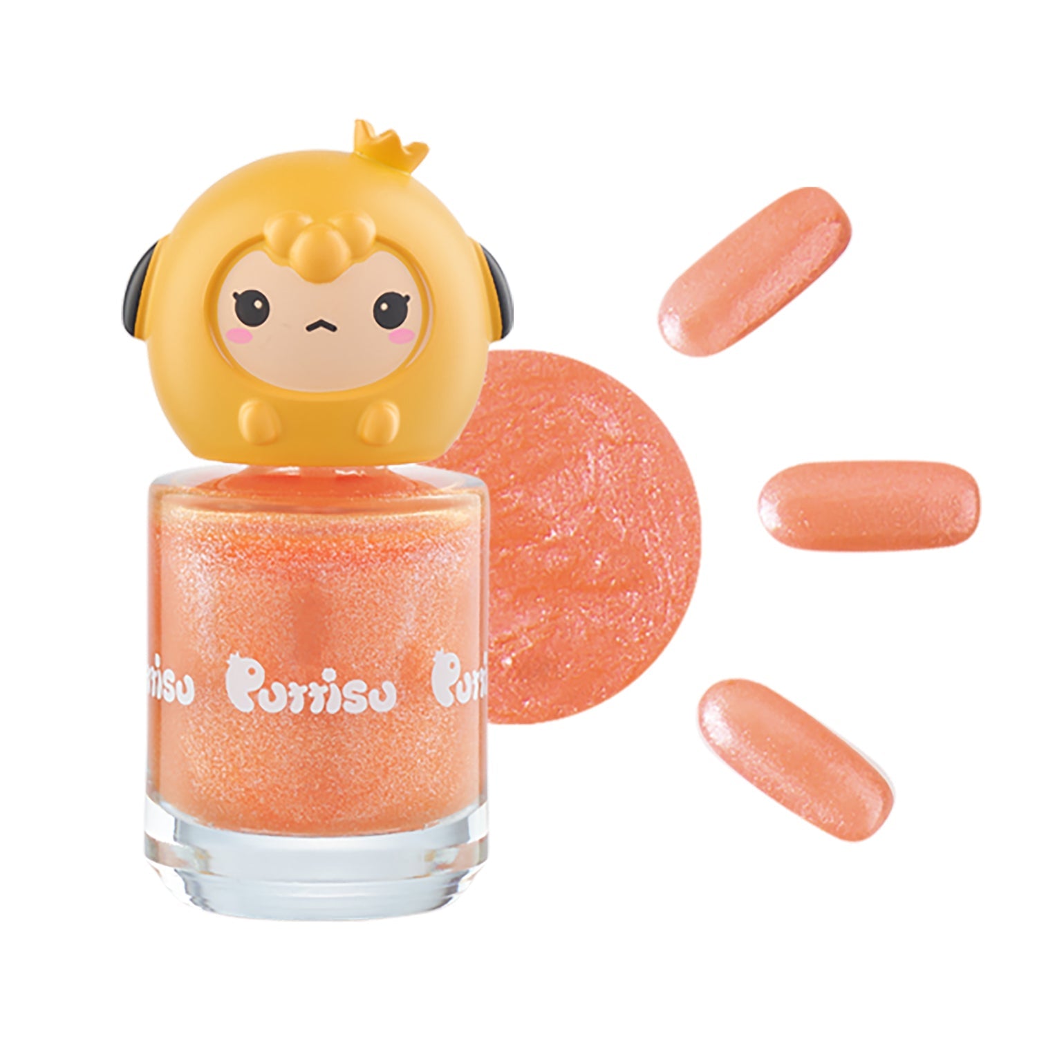 A bottle of light-orange glitter nail polish with a yellow cartoon character on top, a light-orange circle of nail polish next to it, and three light-orange fake nails floating next to the bottle.