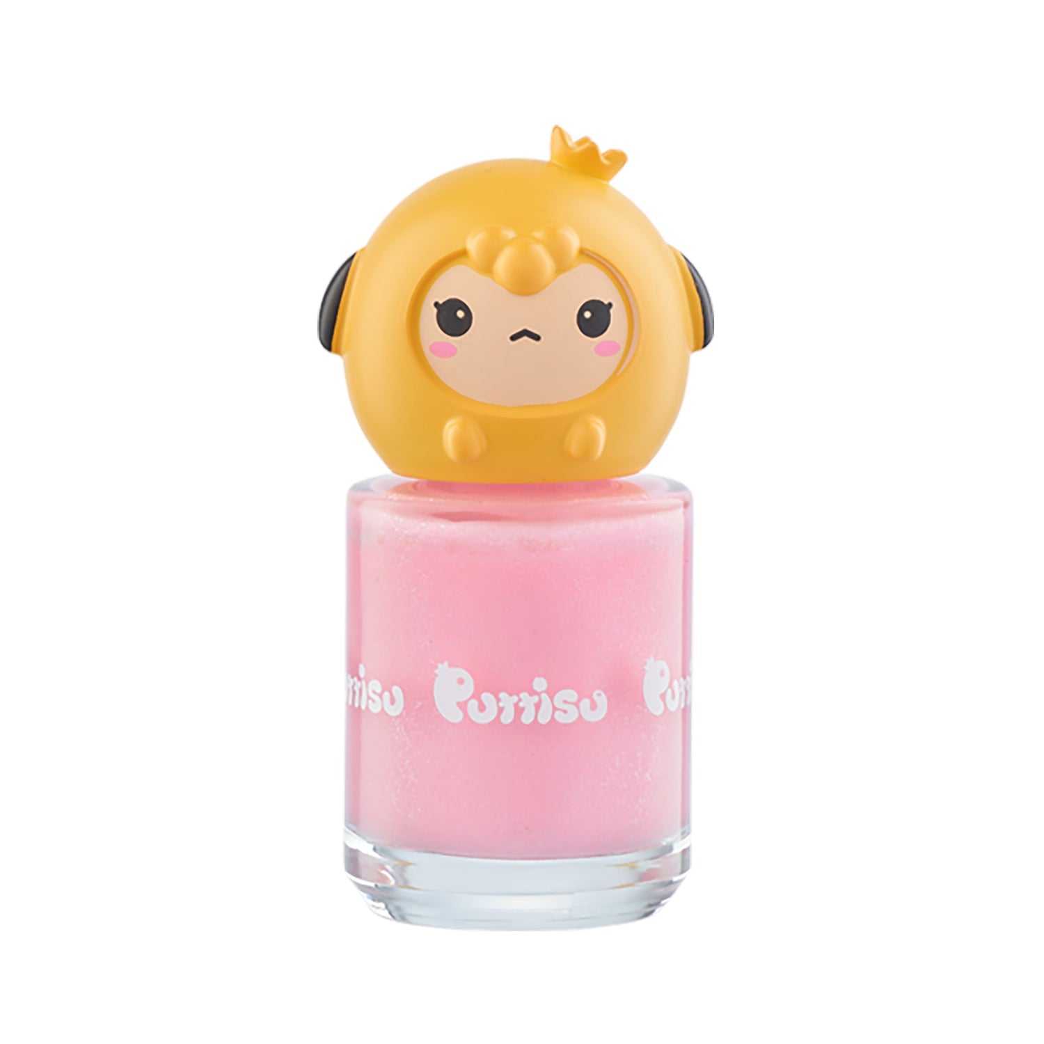 Bottle of pink nail polish with yellow cartoon animal head cap.