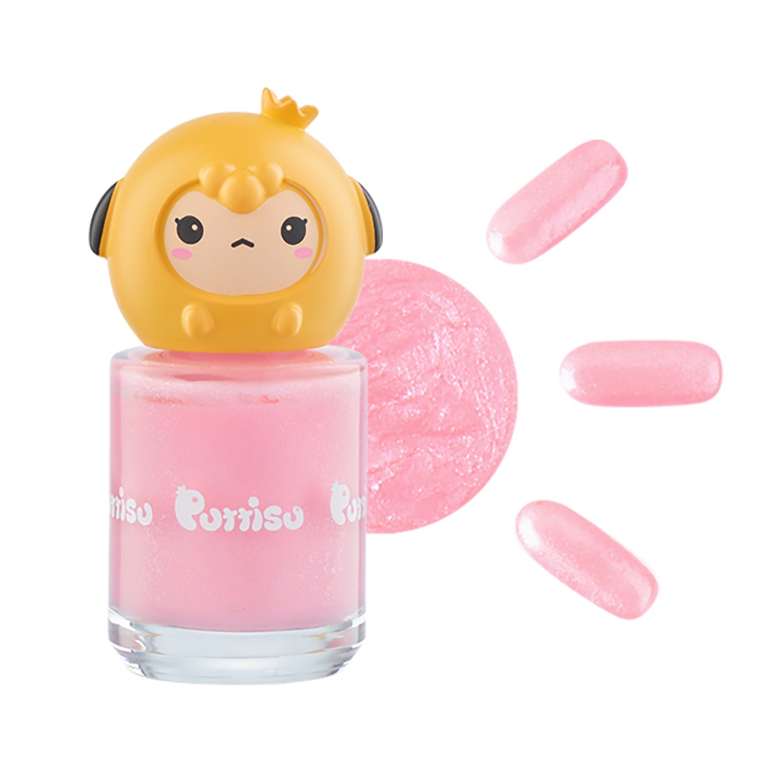 Close-up of pink nail polish bottle with yellow cartoon animal cap, pink nail polish swatch, and nail polish sample strokes on a white background.