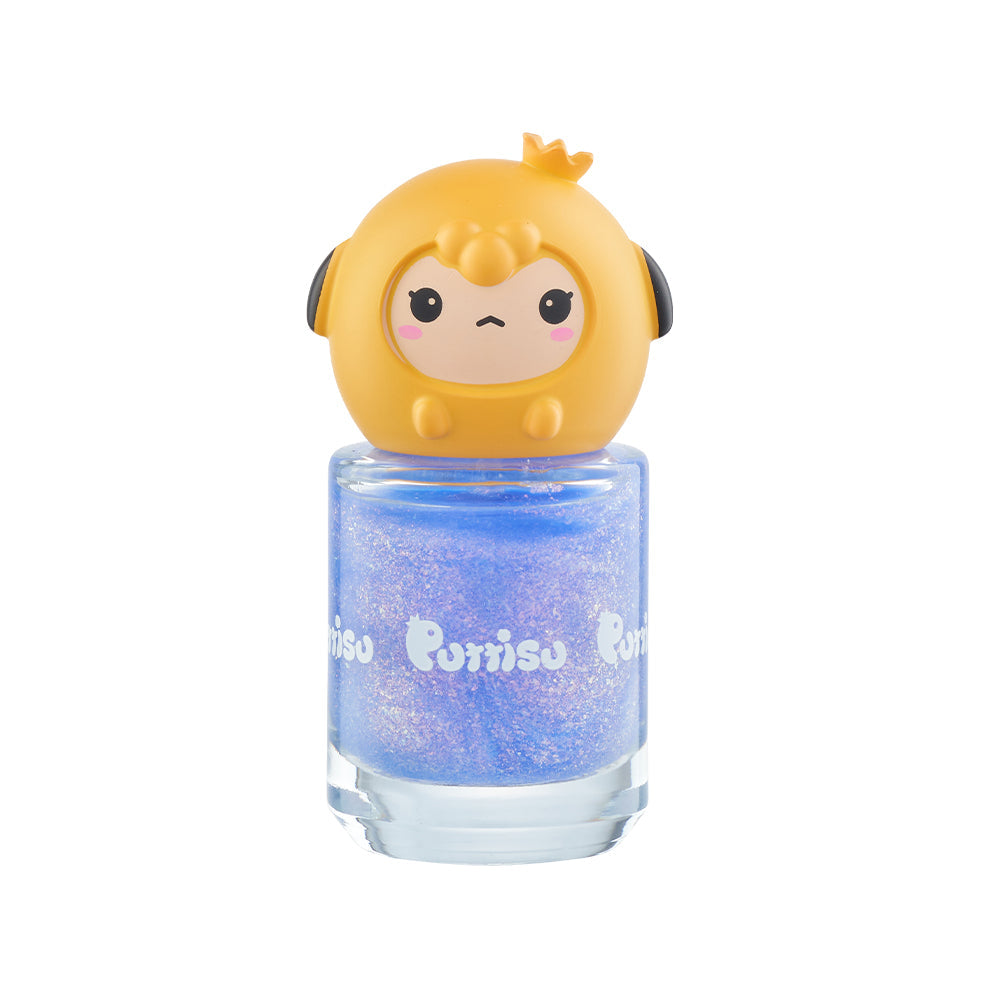 Blue glitter nail polish with a cartoon character cap.
