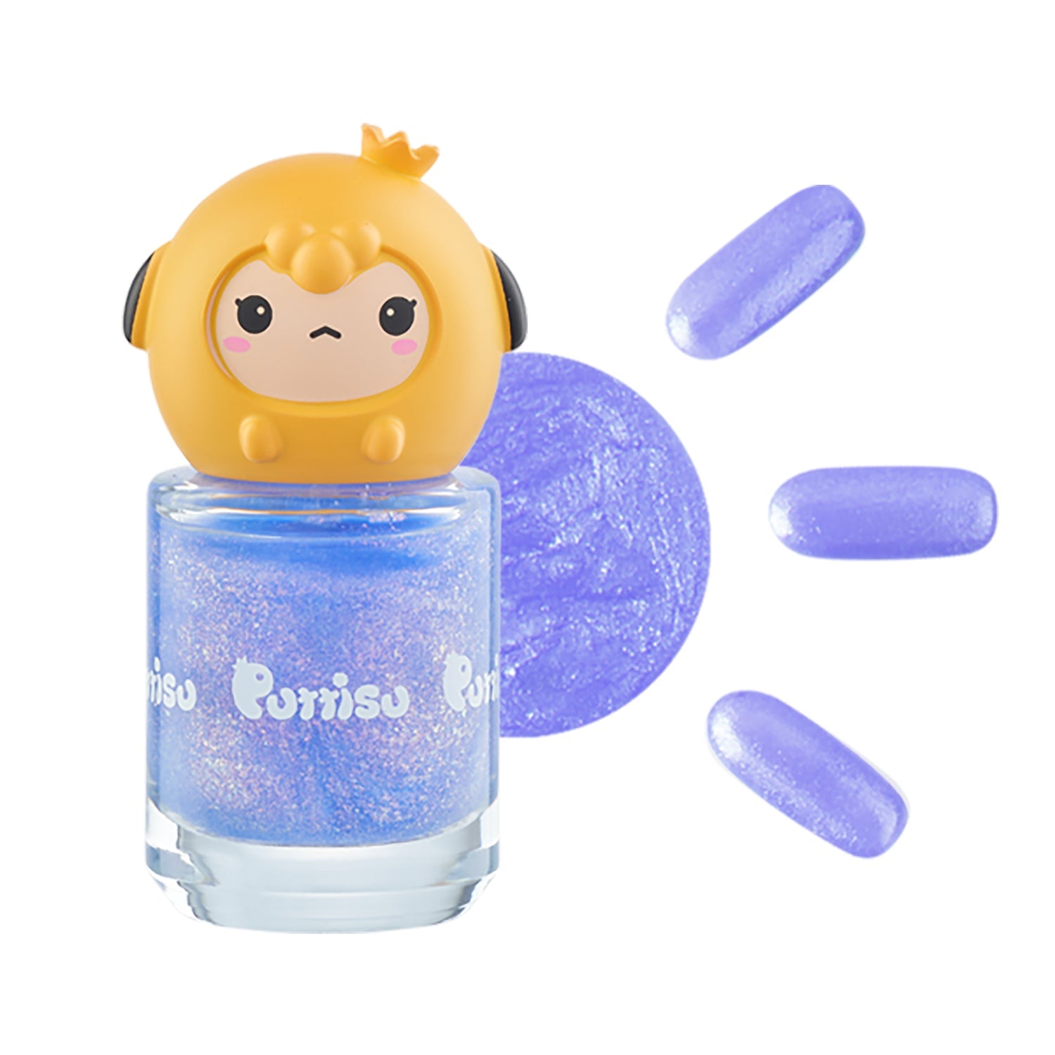 Blue glitter nail polish with cartoon monkey cap.