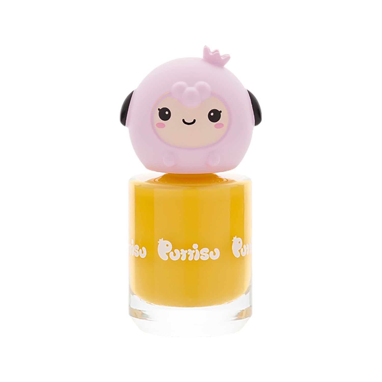 Yellow nail polish with a pink sheep-shaped cap.