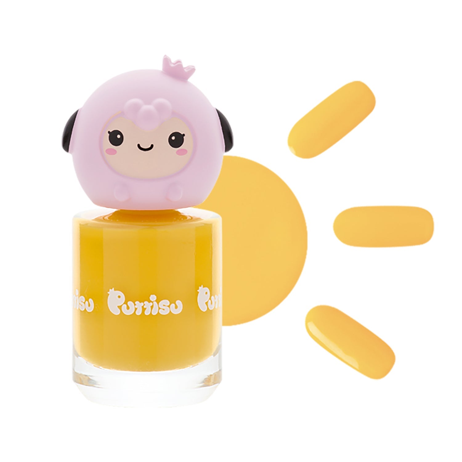 Yellow nail polish with a pink lamb-shaped cap and yellow accents.